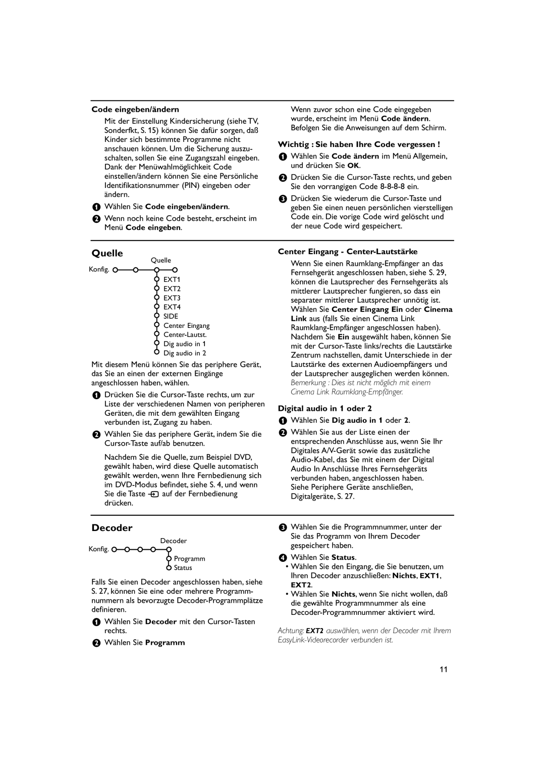 Philips 32PW9788 Quelle, Code eingeben/ändern, Wichtig Sie haben Ihre Code vergessen, Center Eingang Center-Lautstärke 