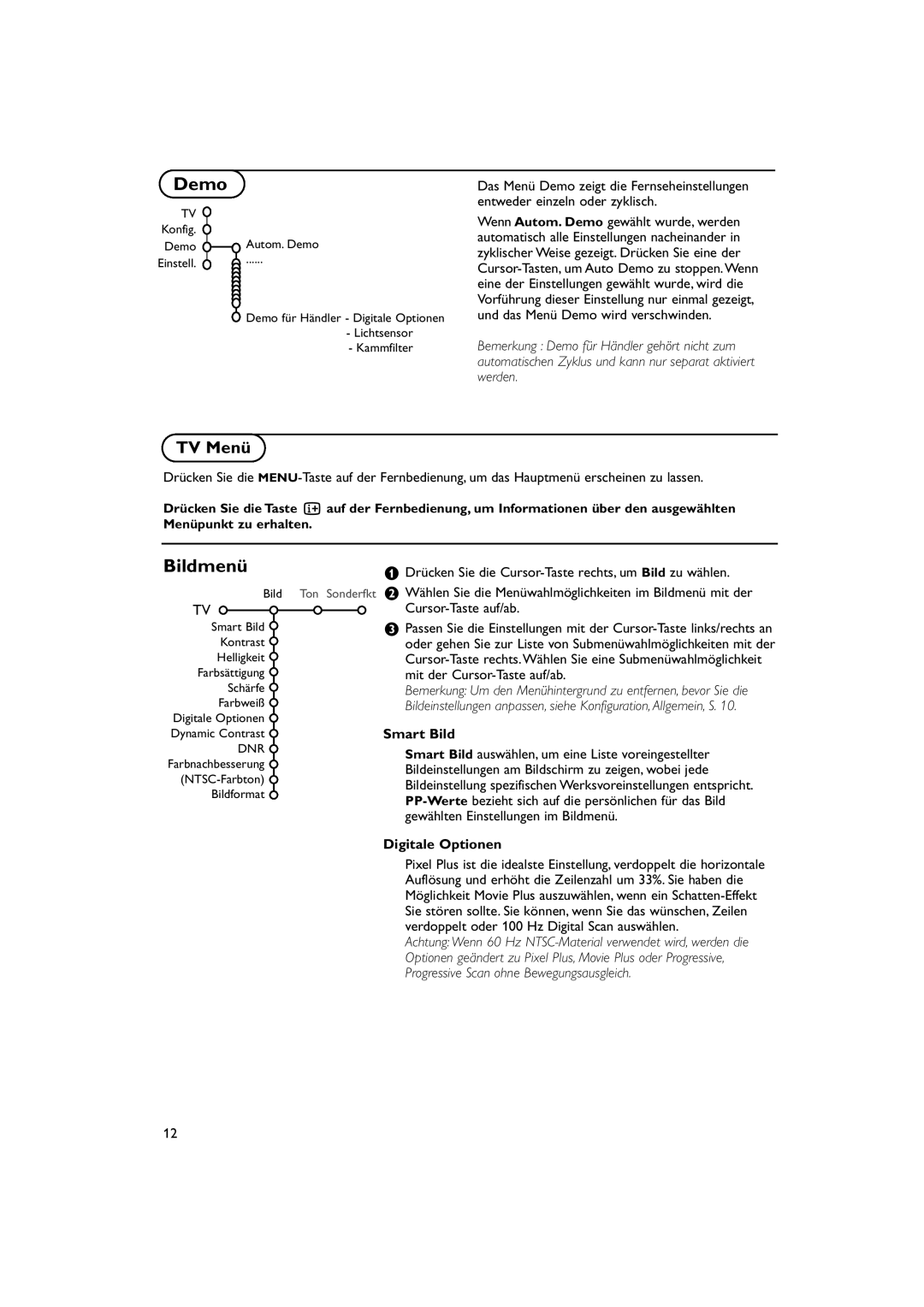 Philips 32PW9788 manual Bildmenü, TV Menü, Smart Bild, Digitale Optionen, Progressive Scan ohne Bewegungsausgleich 