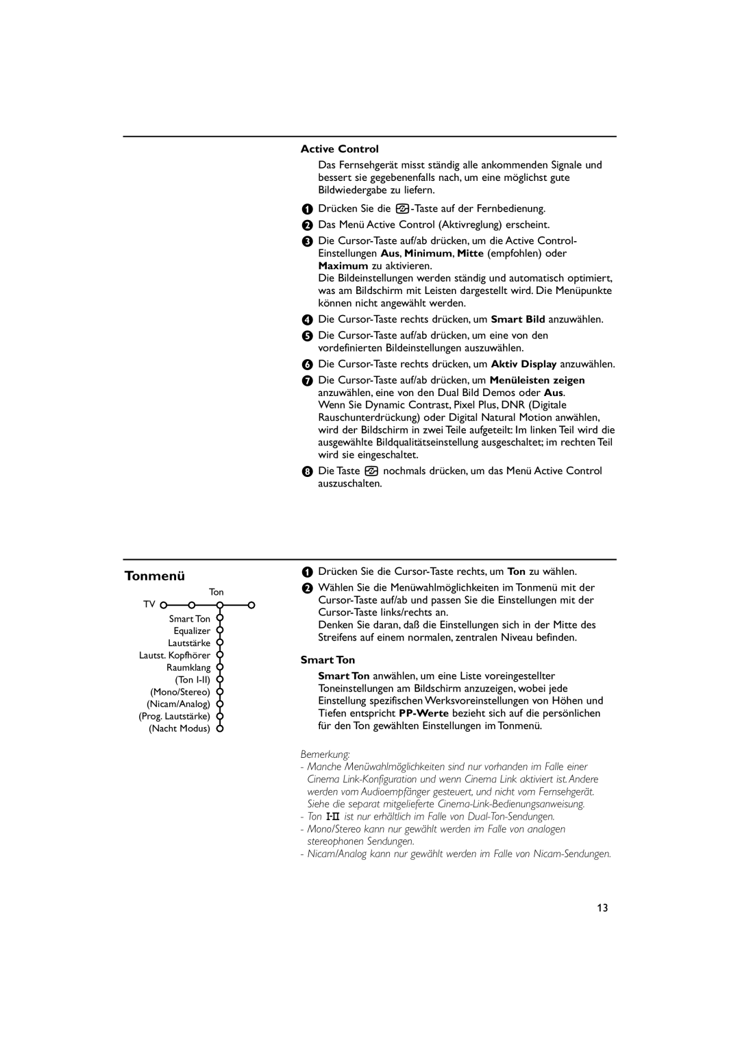 Philips 32PW9788 manual Tonmenü, Smart Ton, Bemerkung 