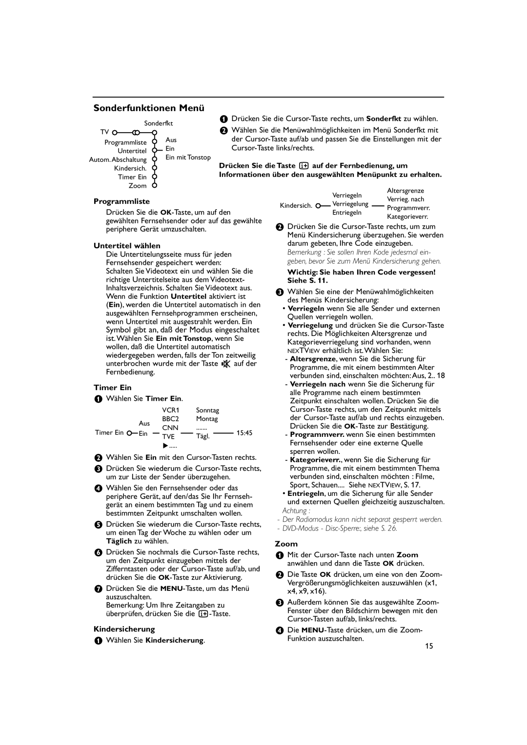 Philips 32PW9788 manual Sonderfunktionen Menü, Programmliste, Untertitel wählen, Timer Ein, Kindersicherung 