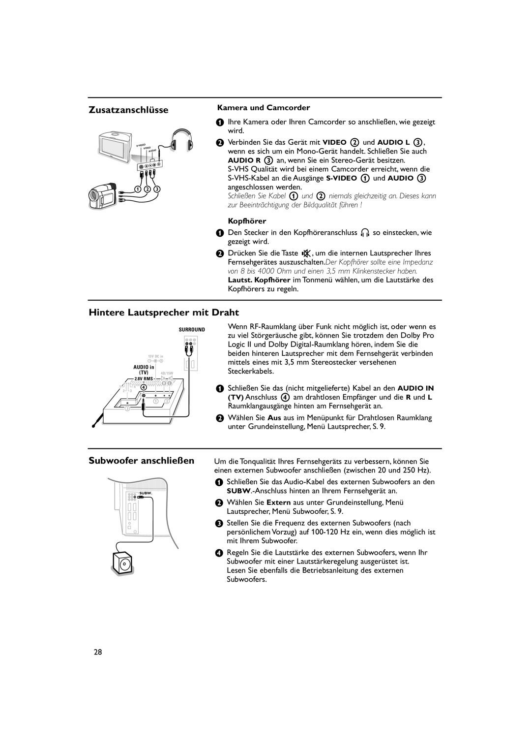 Philips 32PW9788 manual Zusatzanschlüsse, Hintere Lautsprecher mit Draht, Subwoofer anschließen 