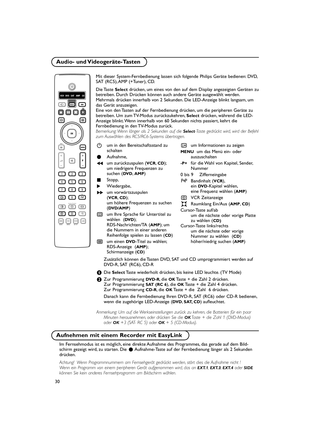 Philips 32PW9788 Audio- und Videogeräte-Tasten, Aufnehmen mit einem Recorder mit EasyLink, Aufnahme, ‡ Stopp Wiedergabe 