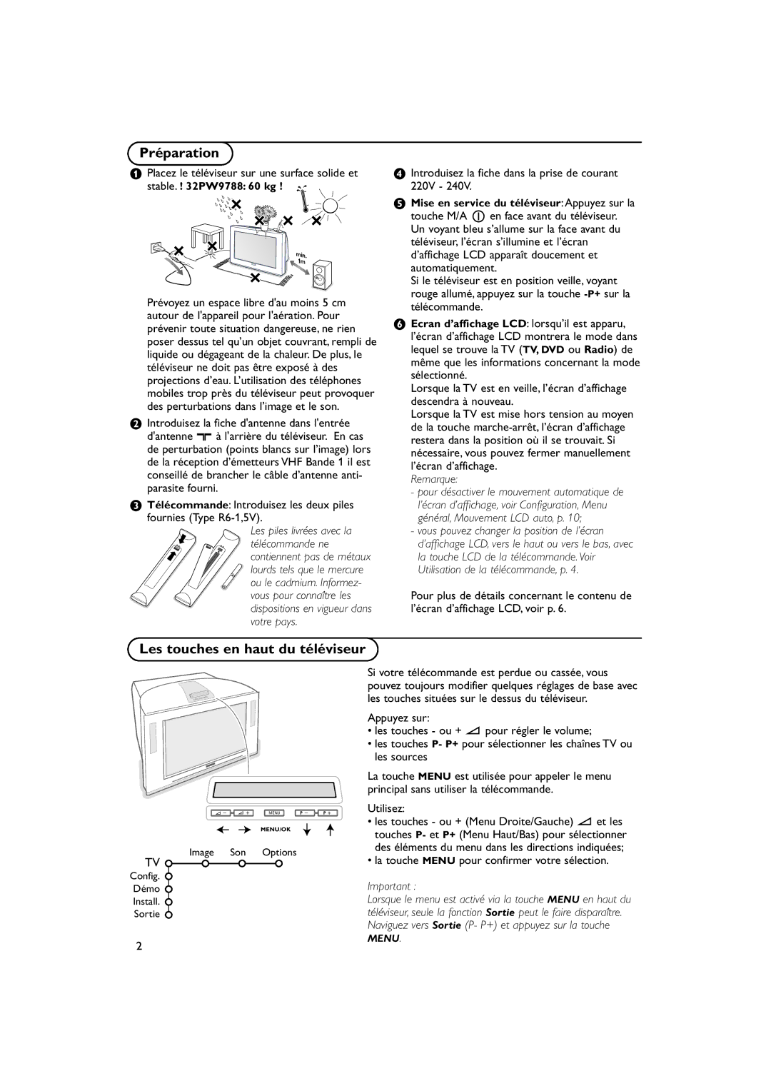 Philips 32PW9788 manual Préparation, Les touches en haut du téléviseur, Remarque 