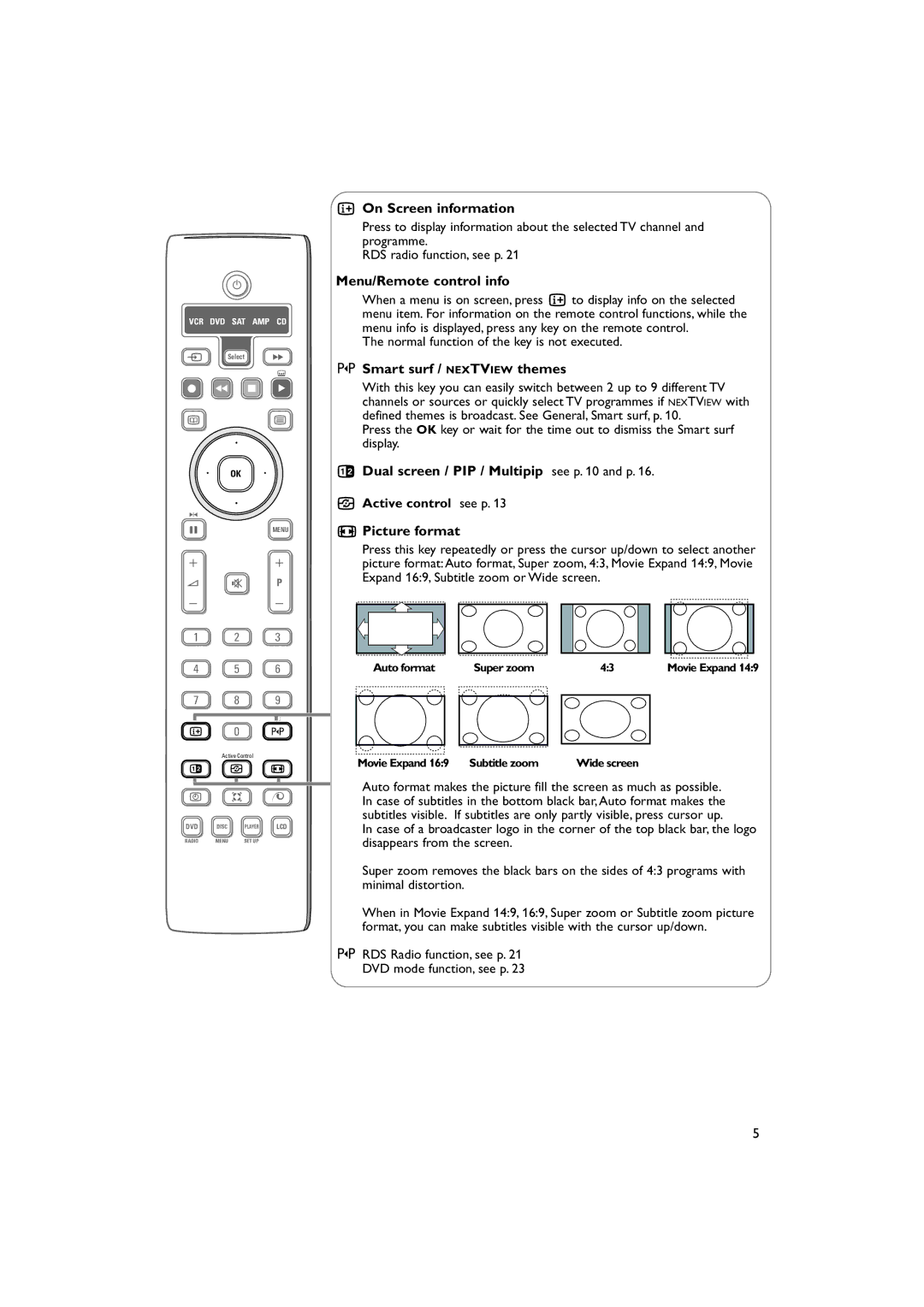 Philips 32PW9788 manual On Screen information, Menu/Remote control info, Smart surf / Nextview themes, Picture format 