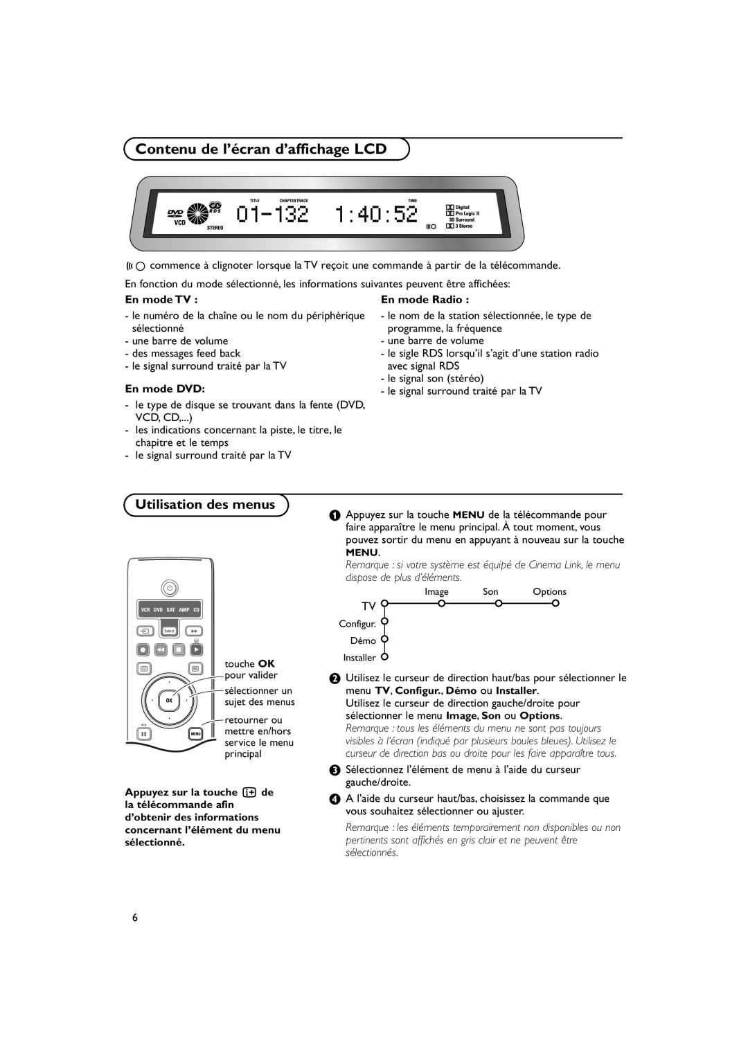 Philips 32PW9788 manual Contenu de l’écran d’affichage LCD, Utilisation des menus, En mode TV, En mode DVD, En mode Radio 