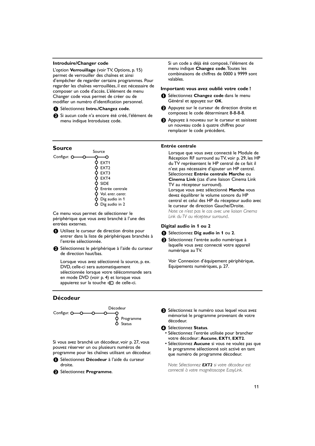 Philips 32PW9788 manual Décodeur, Introduire/Changer code, Important vous avez oublié votre code, Entrée centrale 