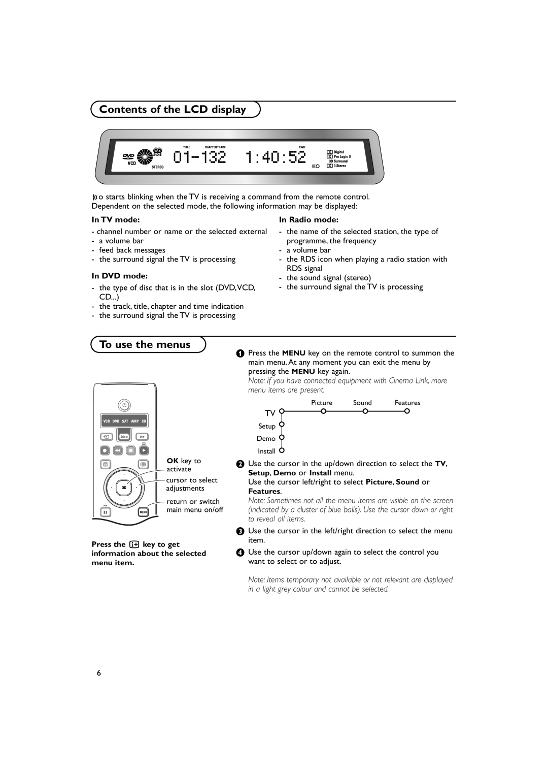 Philips 32PW9788 manual Contents of the LCD display, To use the menus 