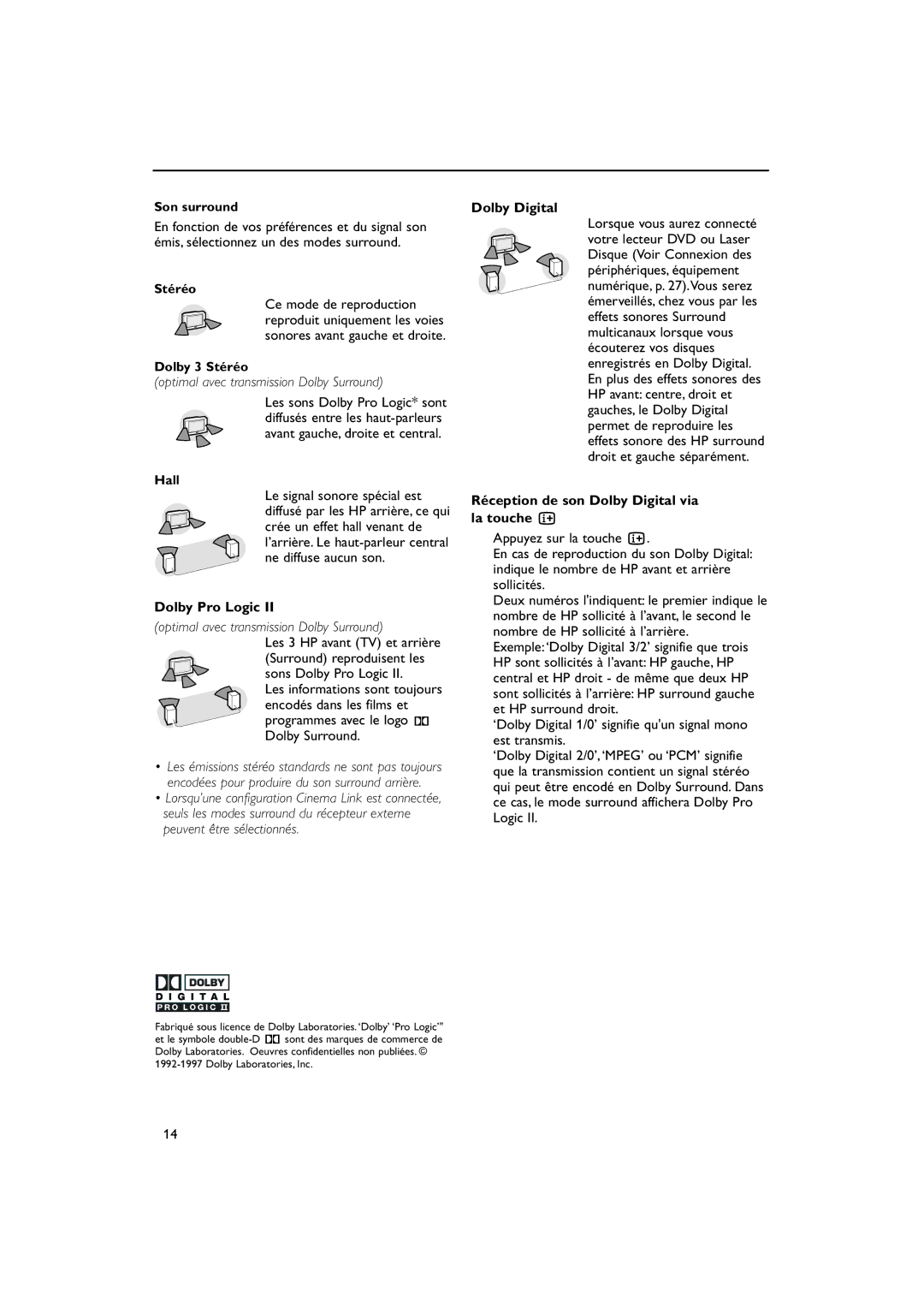 Philips 32PW9788 manual Optimal avec transmission Dolby Surround, Réception de son Dolby Digital via la touche 