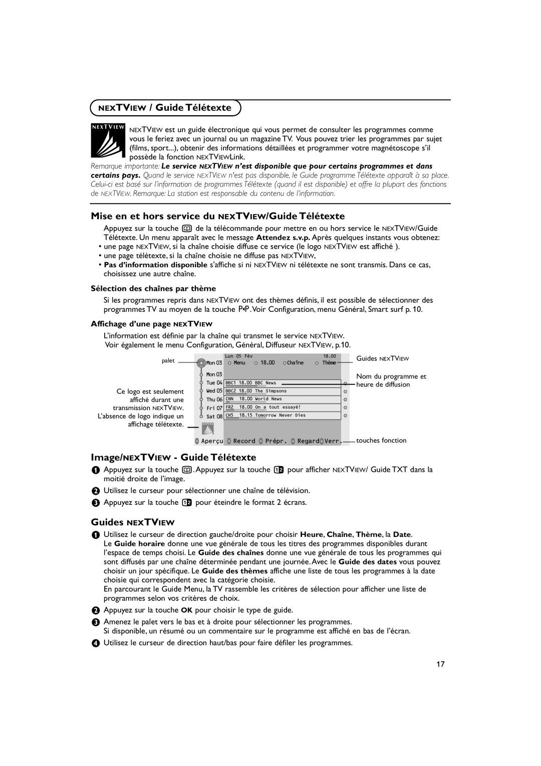 Philips 32PW9788 manual Nextview / Guide Télétexte, Mise en et hors service du NEXTVIEW/Guide Télétexte, Guides Nextview 