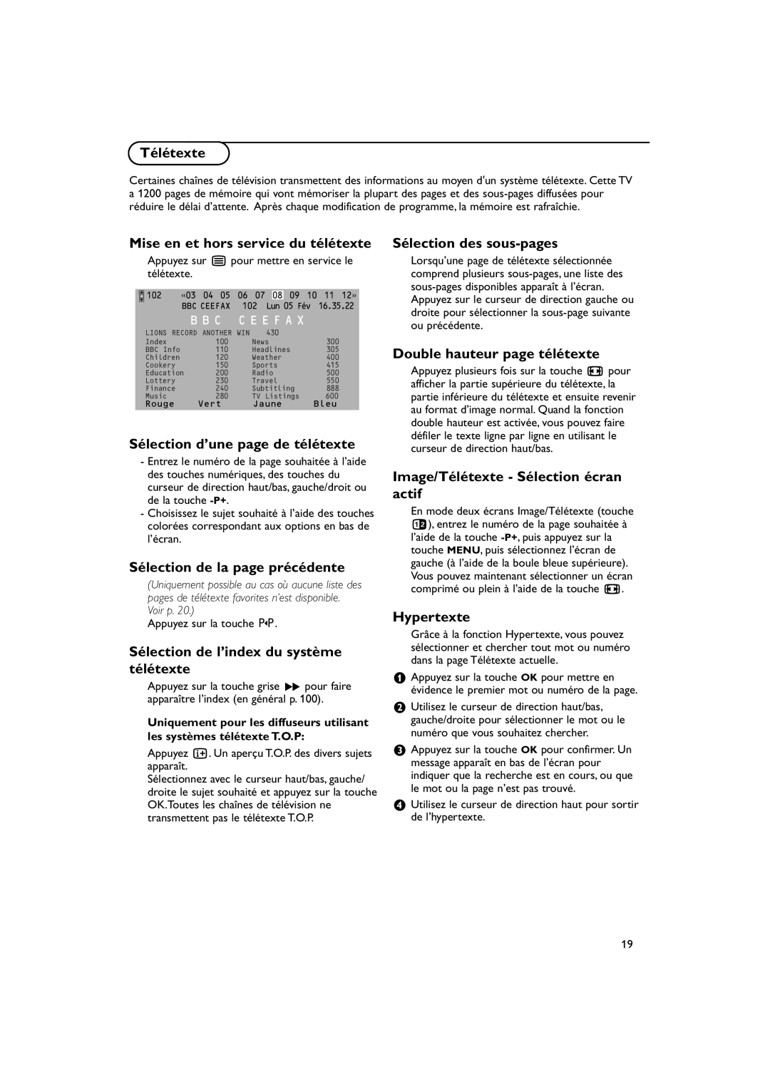 Philips 32PW9788 manual Télétexte, Mise en et hors service du télétexte, Sélection d’une page de télétexte, Hypertexte 