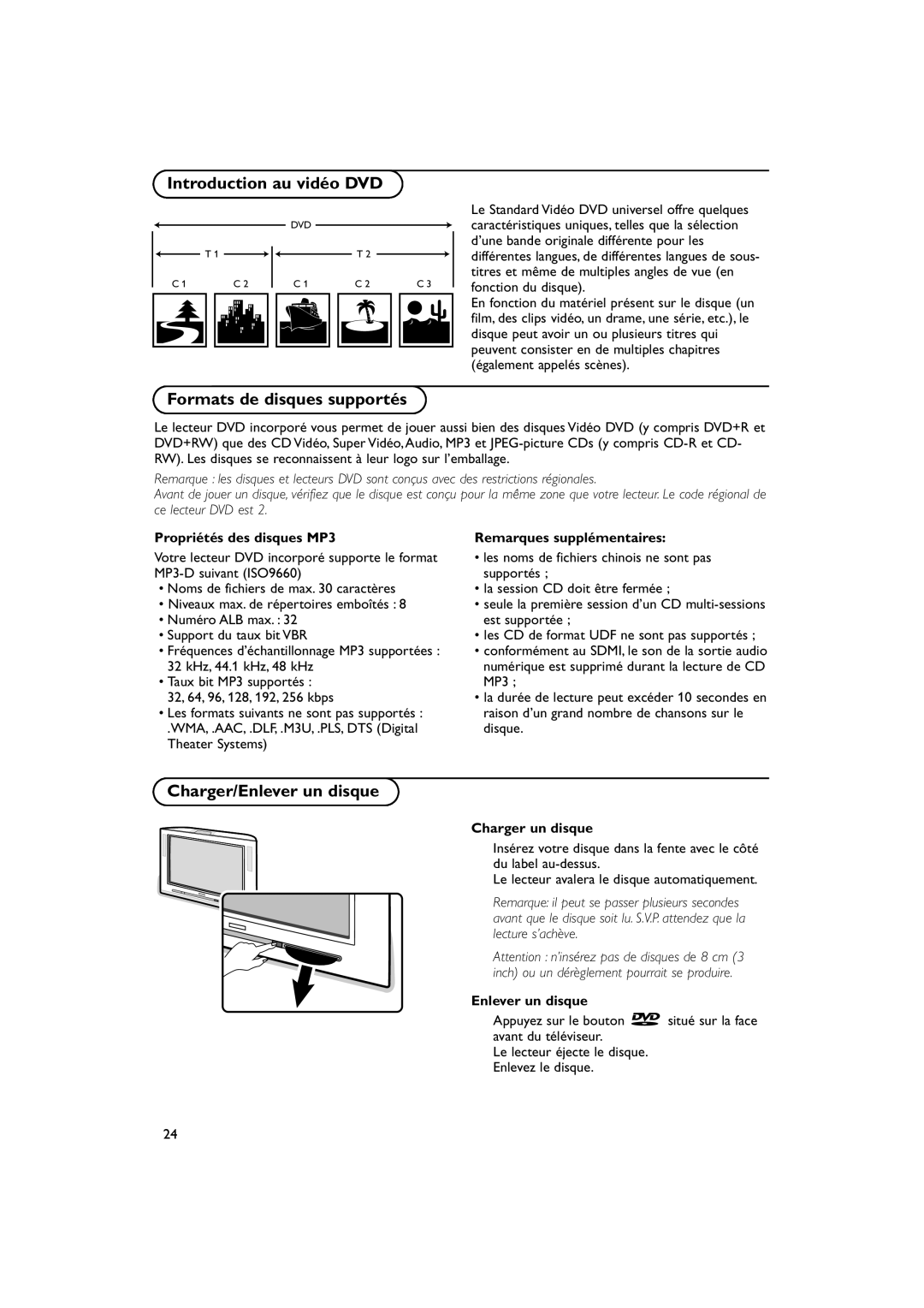 Philips 32PW9788 manual Introduction au vidéo DVD, Formats de disques supportés, Charger/Enlever un disque 