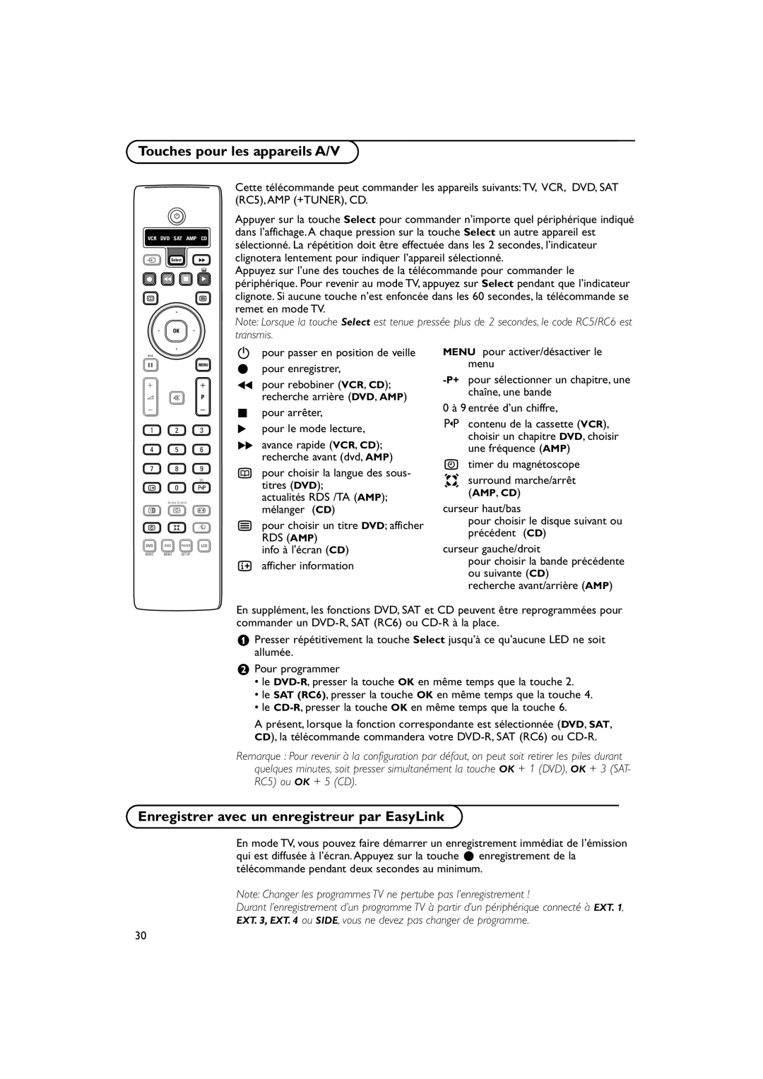 Philips 32PW9788 manual Touches pour les appareils A/V, Enregistrer avec un enregistreur par EasyLink 