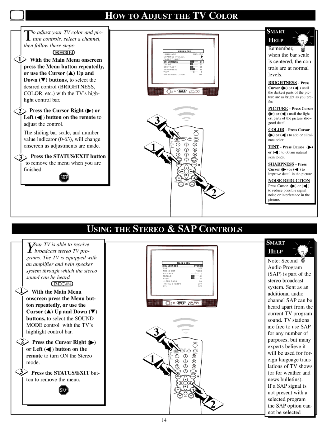 Philips 32ST220P manual HOW to Adjust the TV Color, Using the Stereo & SAP Controls 