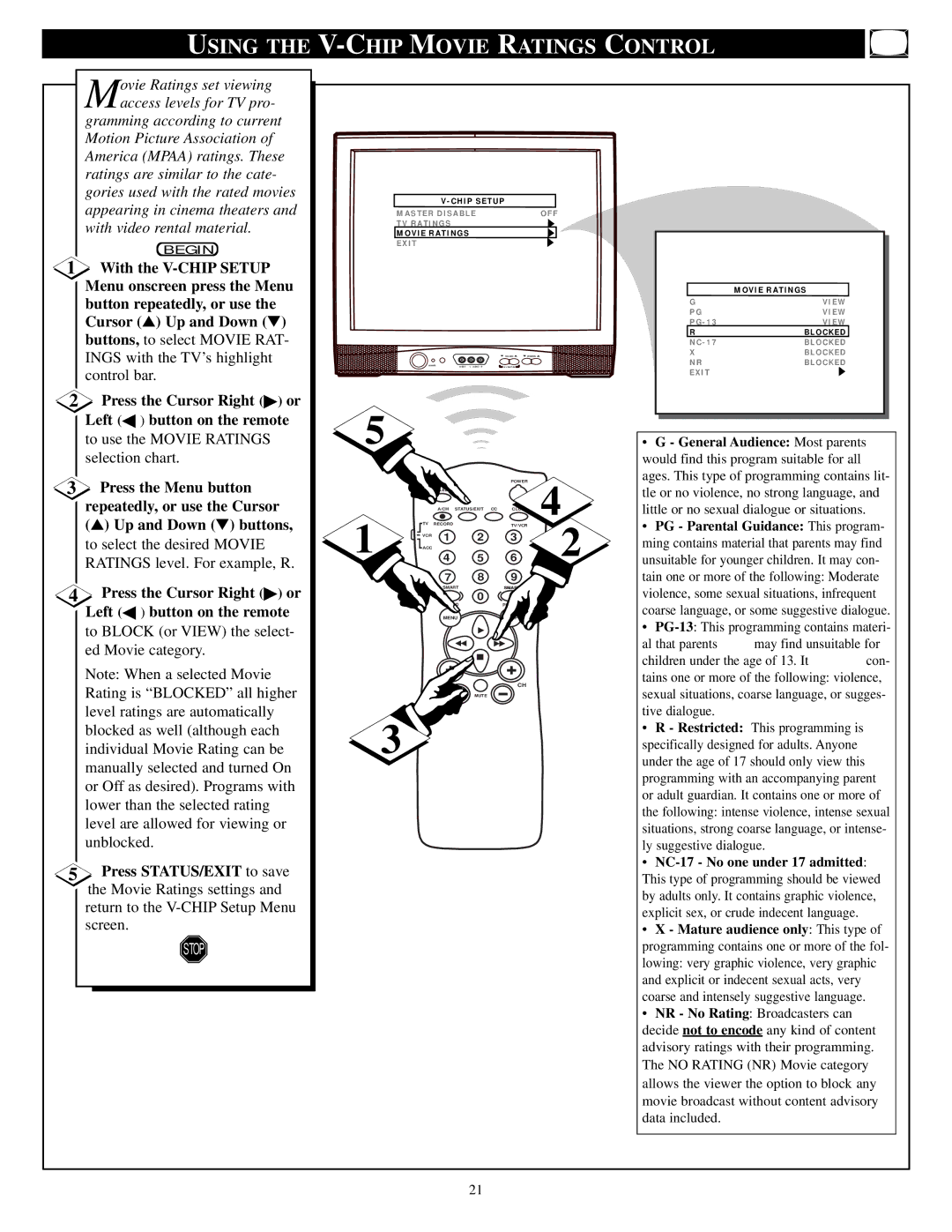 Philips 32ST220P manual Using the V-CHIP Movie Ratings Control 