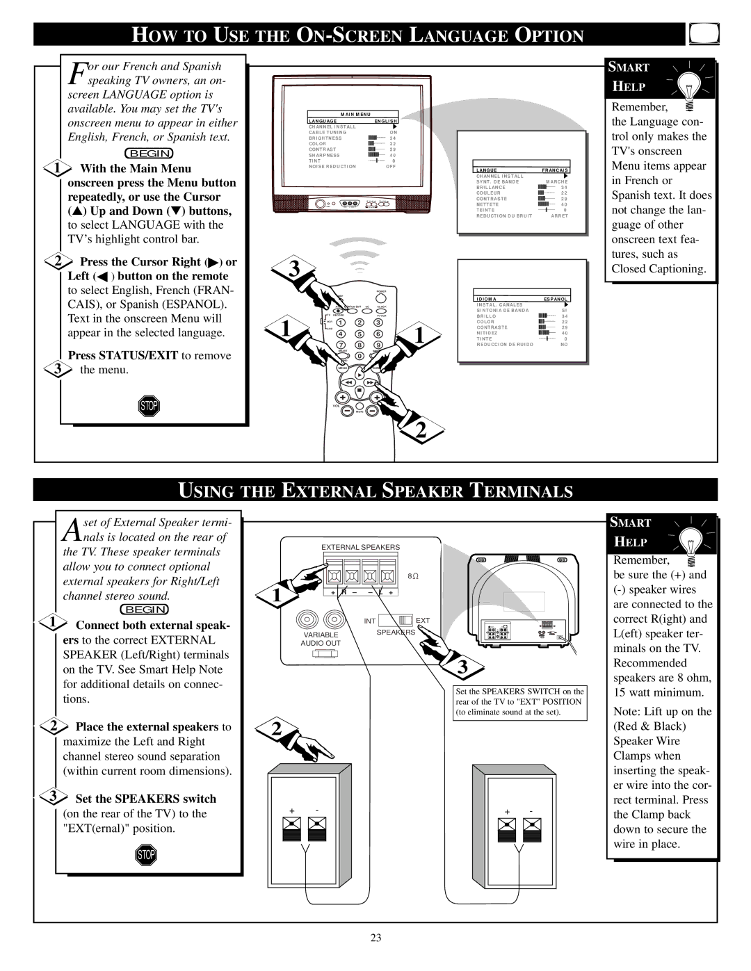 Philips 32ST220P manual HOW to USE the ON-SCREEN Language Option, Using the External Speaker Terminals 