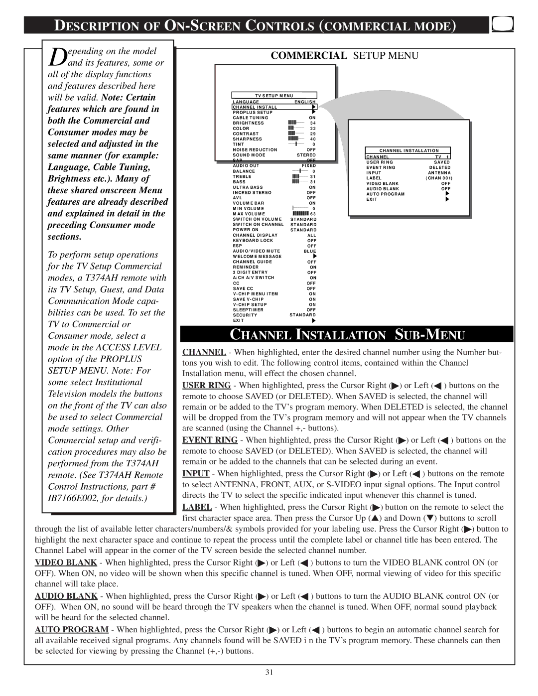 Philips 32ST220P manual Description of on -SCREEN Controls Commercial Mode, Channel Installation SUB -MENU 