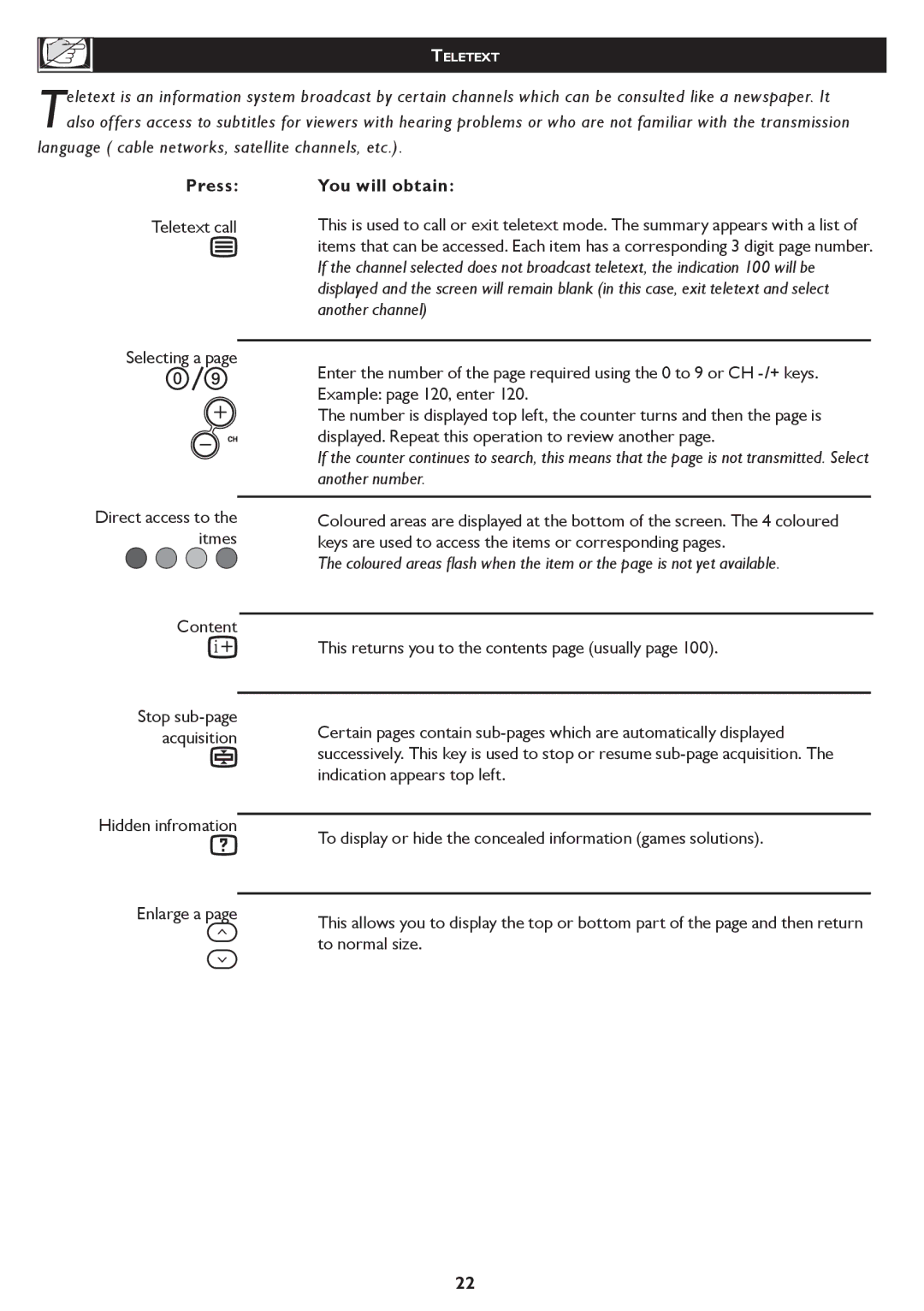 Philips 32TA1000 user manual Press, Teletext call, You will obtain, Content, To normal size 