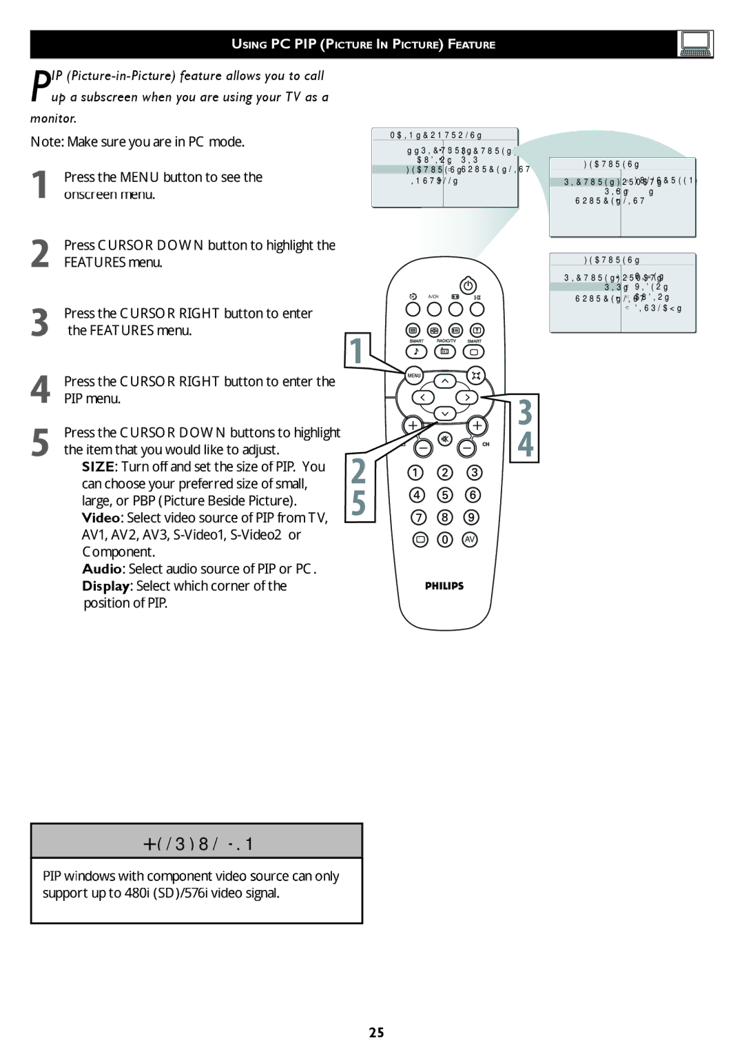 Philips 32TA1600 user manual PIP menu, Can choose your preferred size of small, Support up to 480i SD/576i video signal 