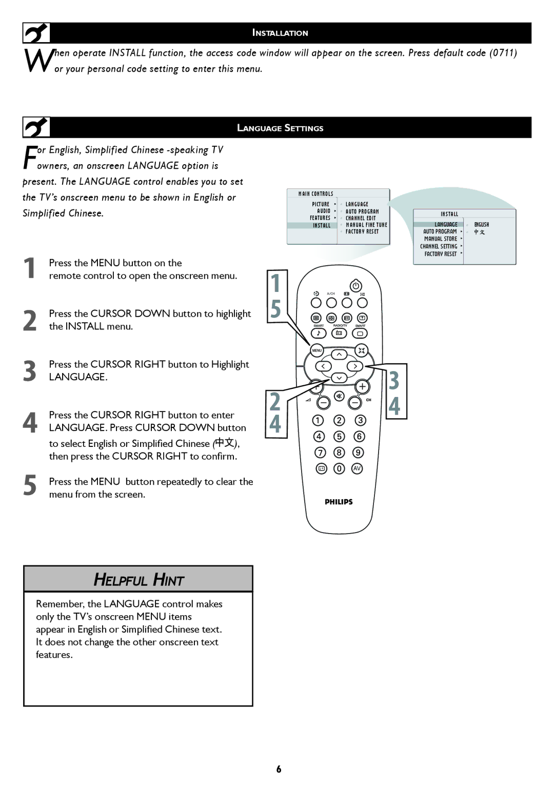 Philips 32TA1600 user manual Press the Cursor Right button to Highlight, Language 