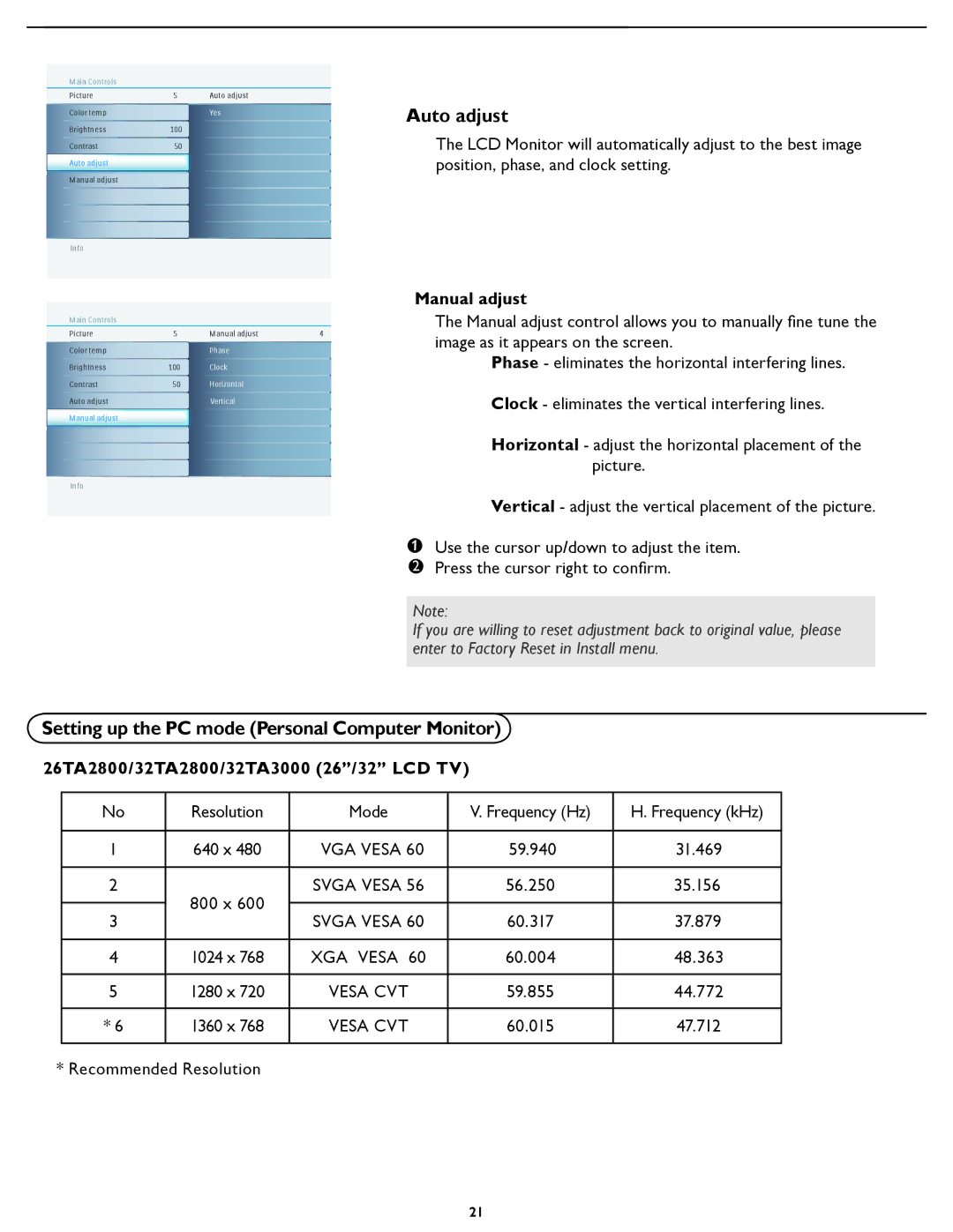 Philips 32TA3000 user manual Auto adjust, Setting up the PC mode Personal Computer Monitor, Manual adjust 