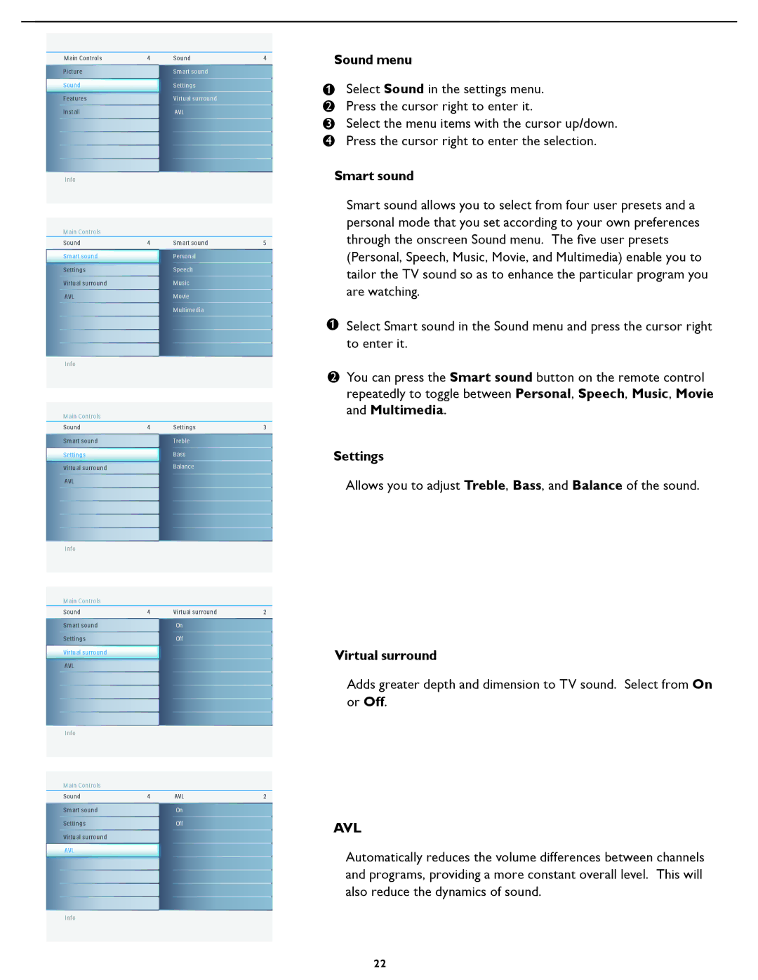 Philips 32TA3000 user manual Select Sound in the settings menu 