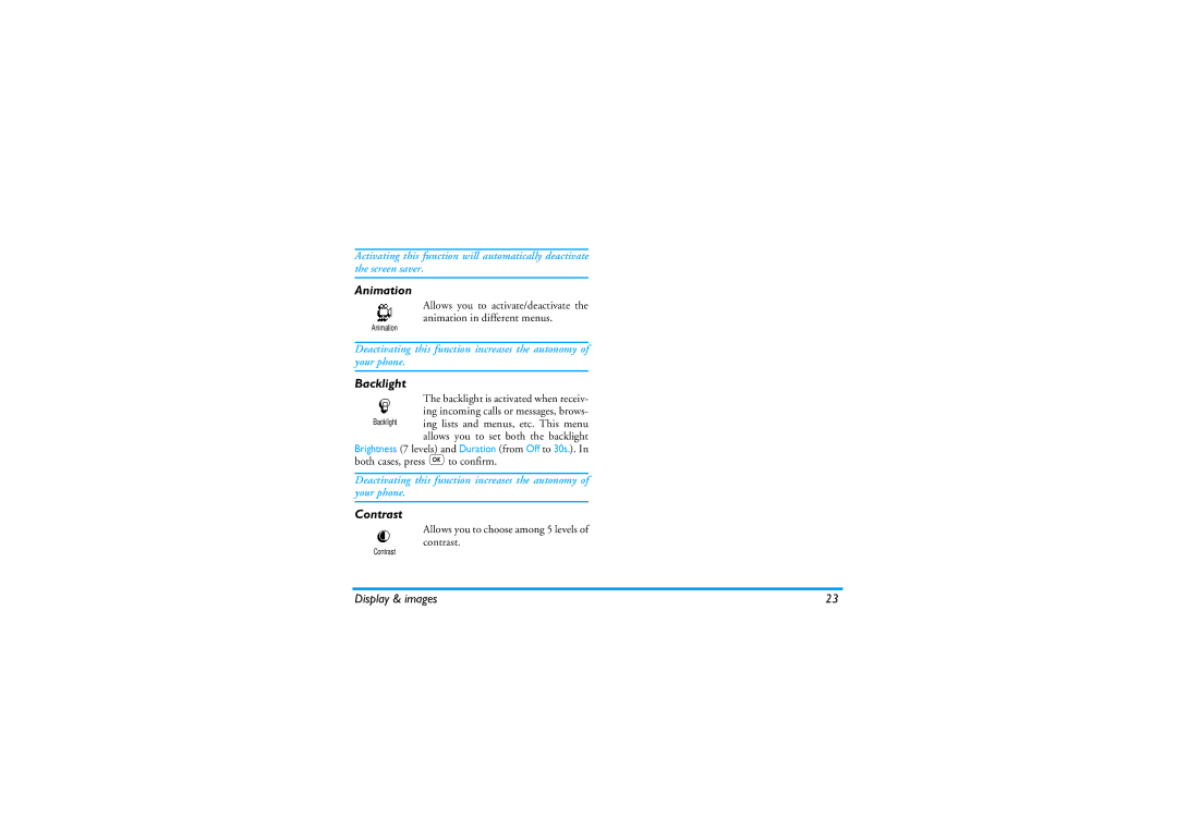 Philips 330 manual Animation, Backlight, Contrast, Allows you to choose among 5 levels of contrast 