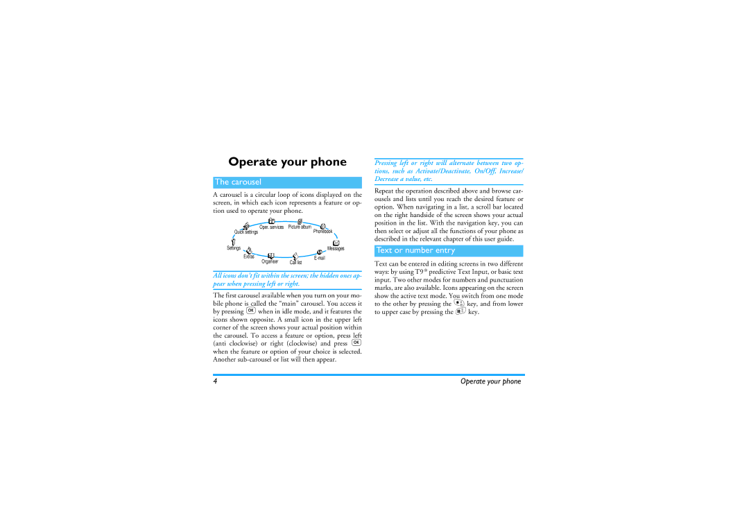 Philips 330 manual Operate your phone, Carousel, Text or number entry 
