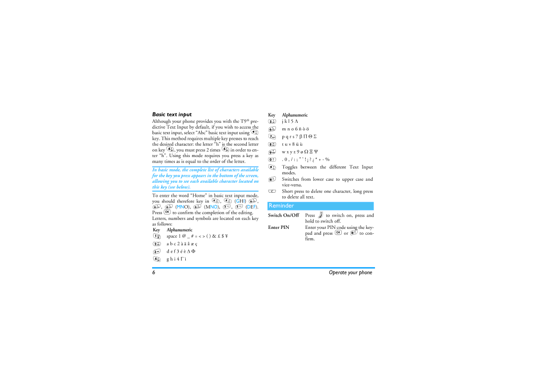 Philips 330 manual Reminder, Basic text input, Space 1 @ # = & £ $ ¥ B c 2 à ä å æ ç E f 3 é è H i 4 ì 