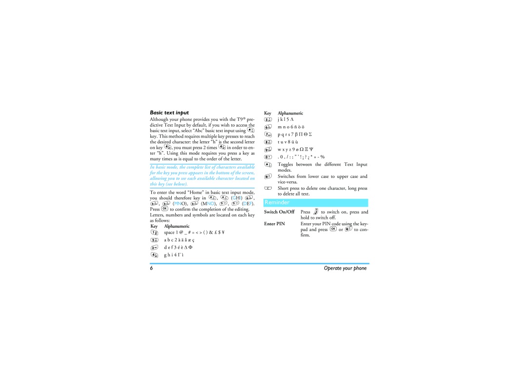 Philips 330 manual Reminder, Basic text input 