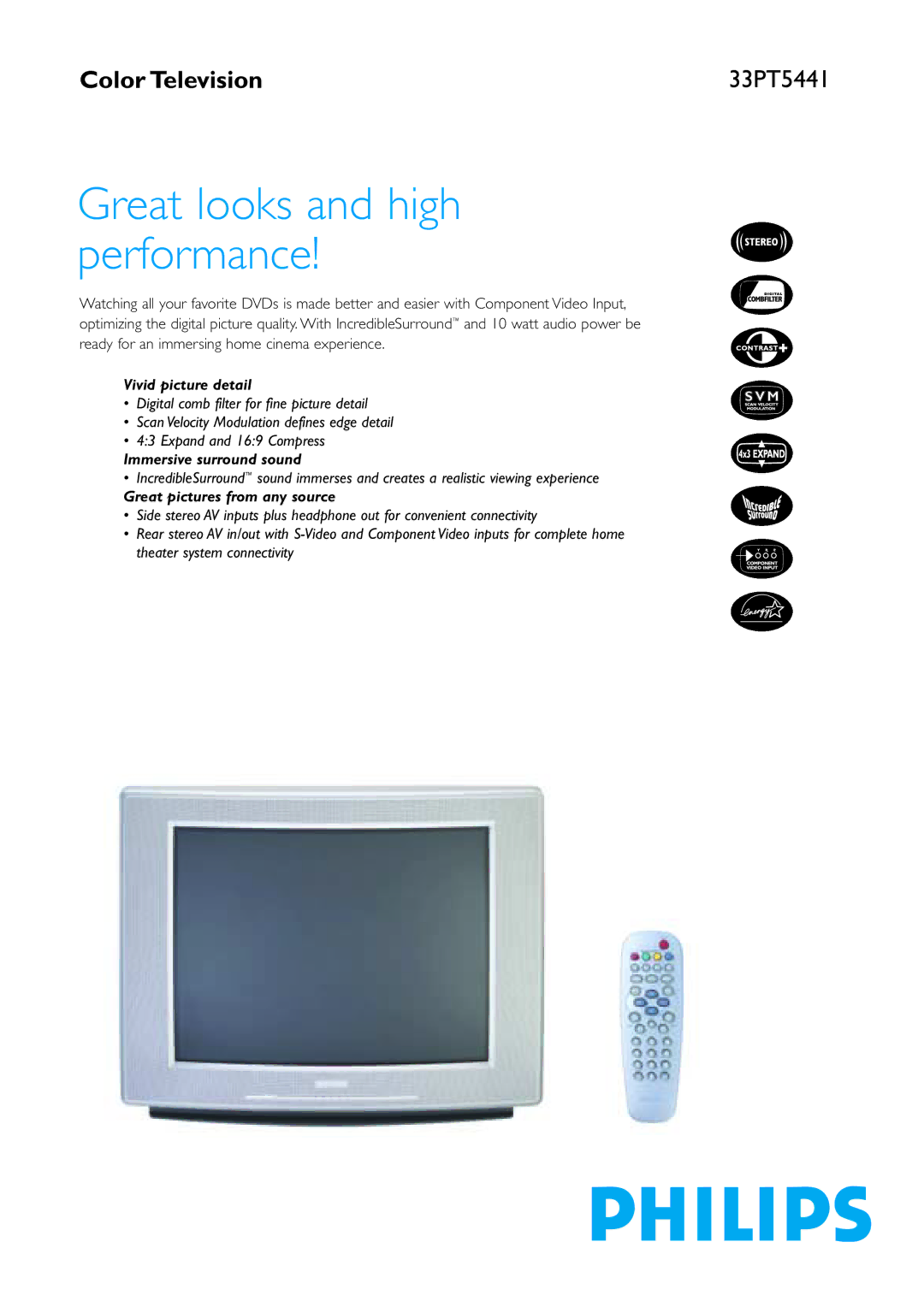 Philips 33PT5441 manual Vivid picture detail, Immersive surround sound, Great pictures from any source 