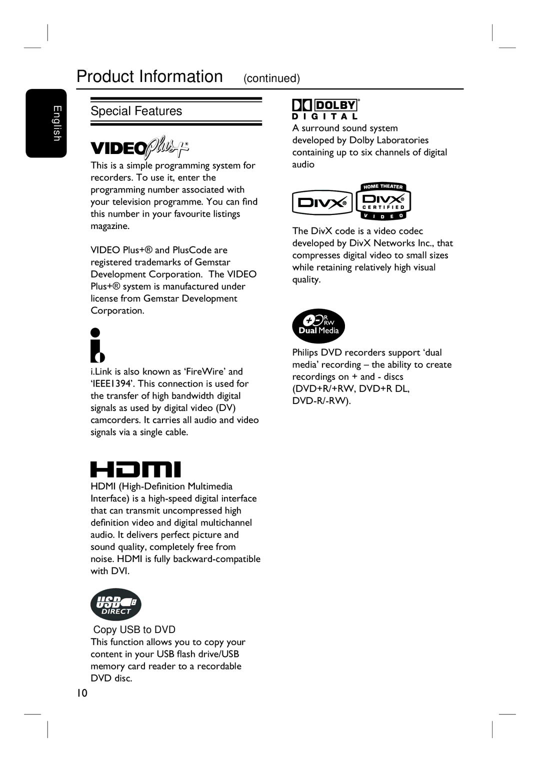 Philips 3400 user manual Special Features, ‘Copy USB to DVD’ 