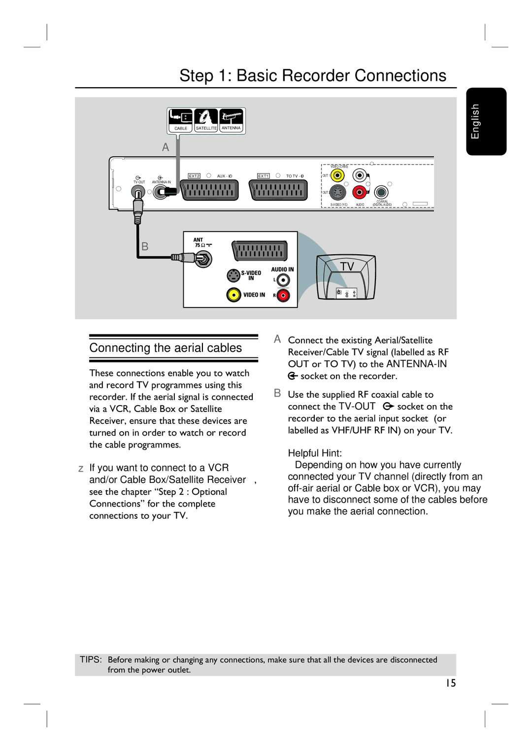 Philips 3400 user manual Basic Recorder Connections, Connecting the aerial cables 