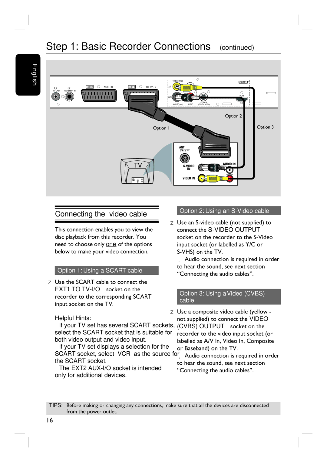 Philips 3400 user manual Connecting the video cable, Option 1 Using a Scart cable, Option 2 Using an S-Video cable 