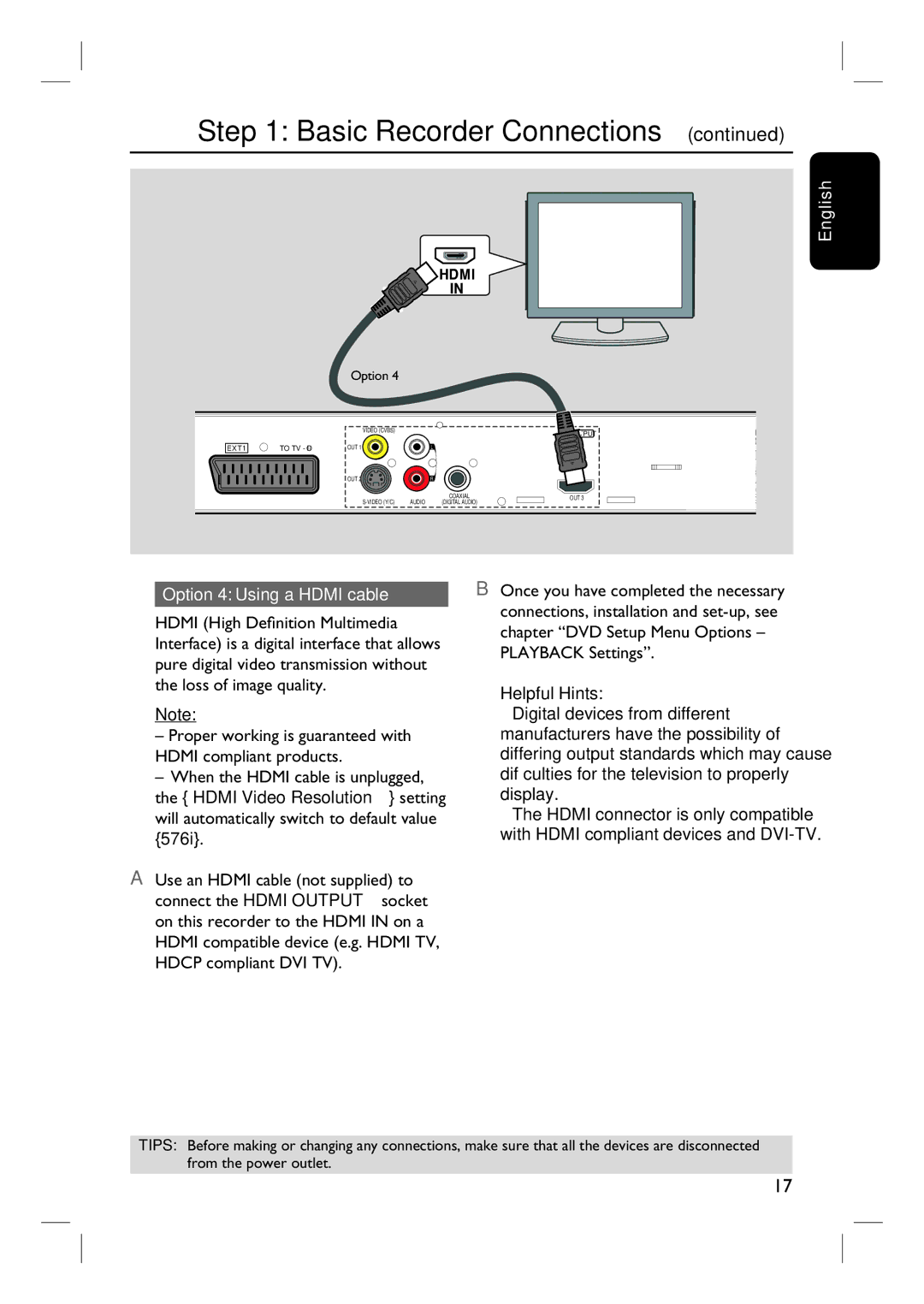 Philips 3400 user manual Option 4 Using a Hdmi cable 