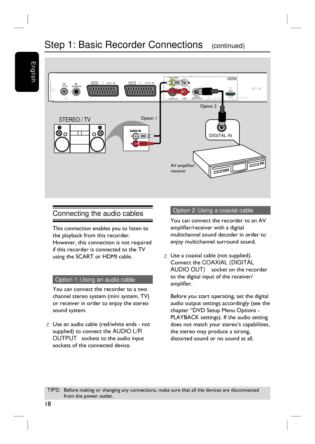 Philips 3400 user manual Connecting the audio cables, Option 1 Using an audio cable, Option 2 Using a coaxial cable 