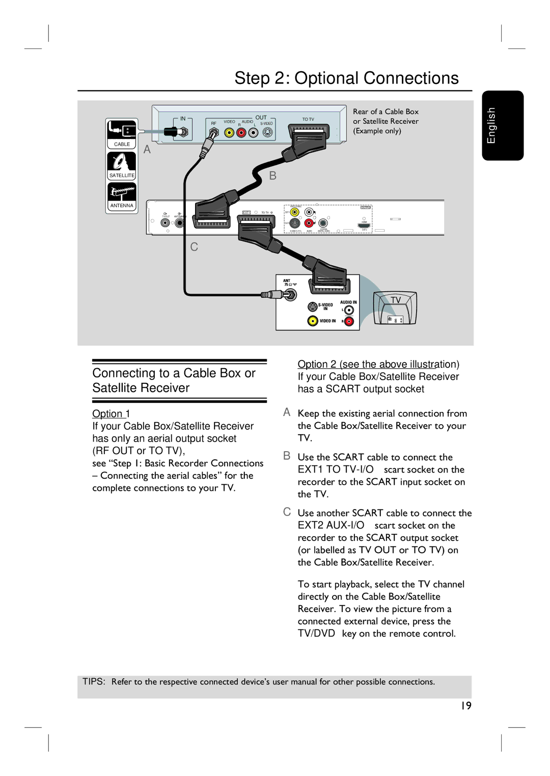 Philips 3400 user manual Optional Connections, Connecting to a Cable Box or Satellite Receiver 