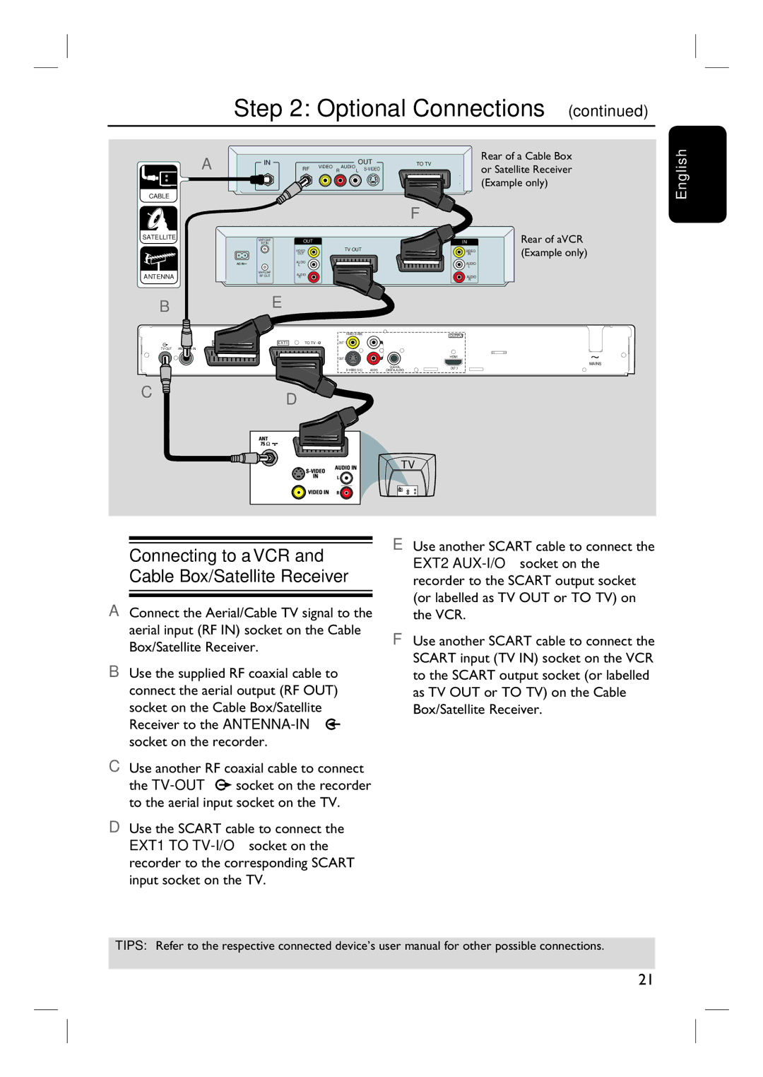 Philips 3400 user manual Connecting to a VCR and Cable Box/Satellite Receiver 