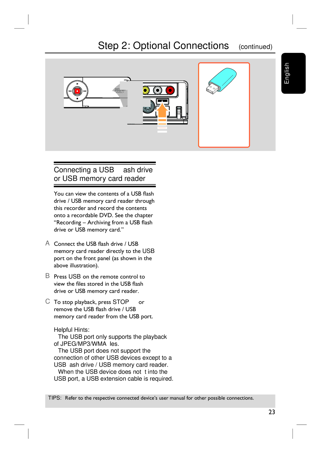 Philips 3400 user manual Connecting a USB flash drive or USB memory card reader, To stop playback, press Stop or 