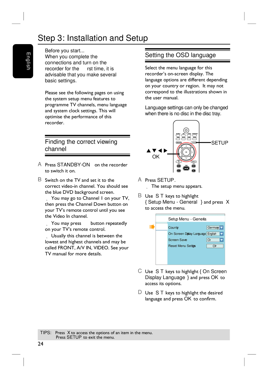 Philips 3400 user manual Installation and Setup, Finding the correct viewing channel, Setting the OSD language 