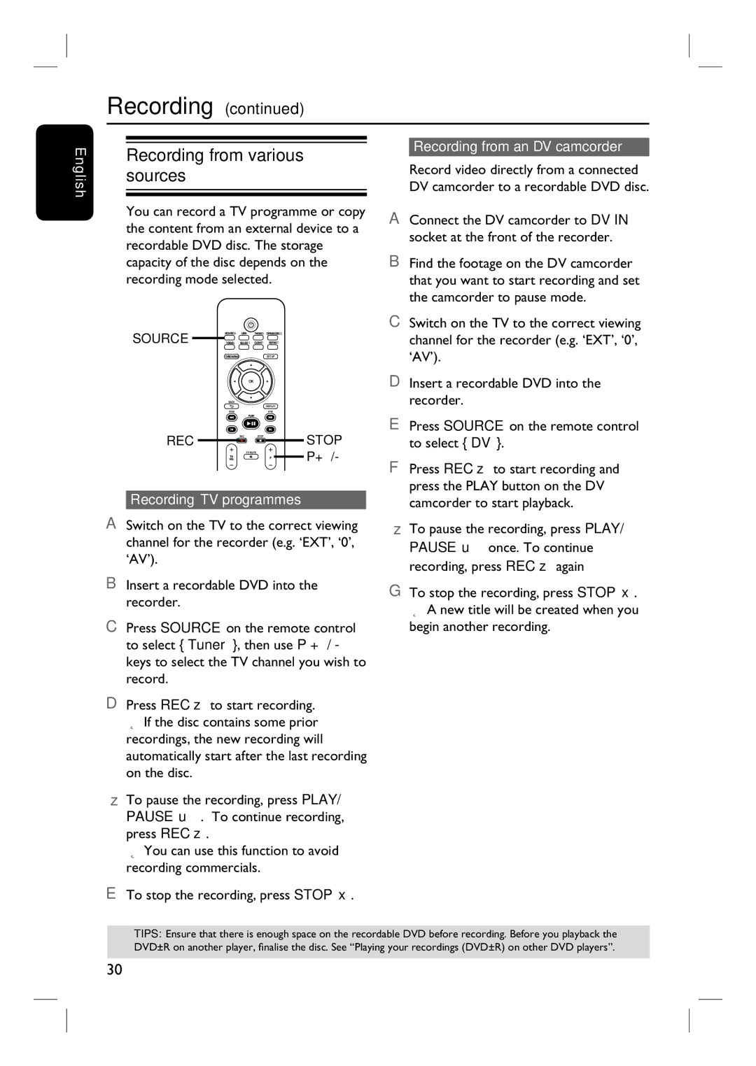 Philips 3400 user manual Recording from various sources, Recording TV programmes, Recording from an DV camcorder 