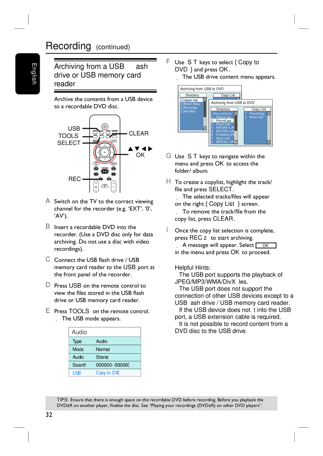 Philips 3400 user manual Archiving from a USB flash drive or USB memory card reader 