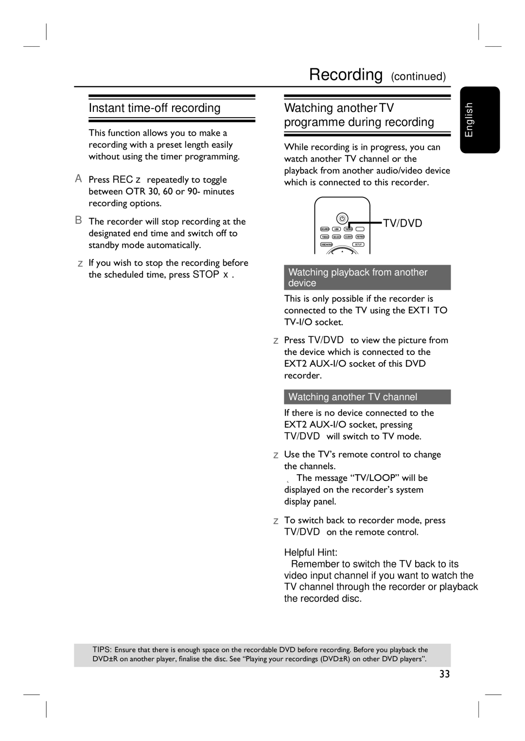 Philips 3400 Instant time-off recording, Watching playback from another device, English Watching another TV channel 