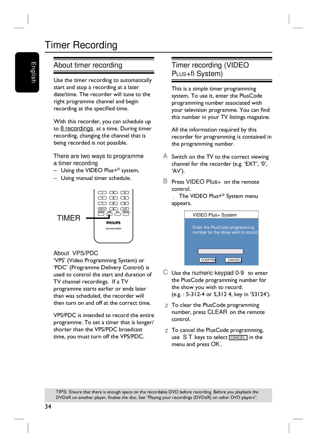 Philips 3400 user manual Timer Recording, About timer recording, Timer recording Video PLUS+ System, About ‘VPS/PDC’ 