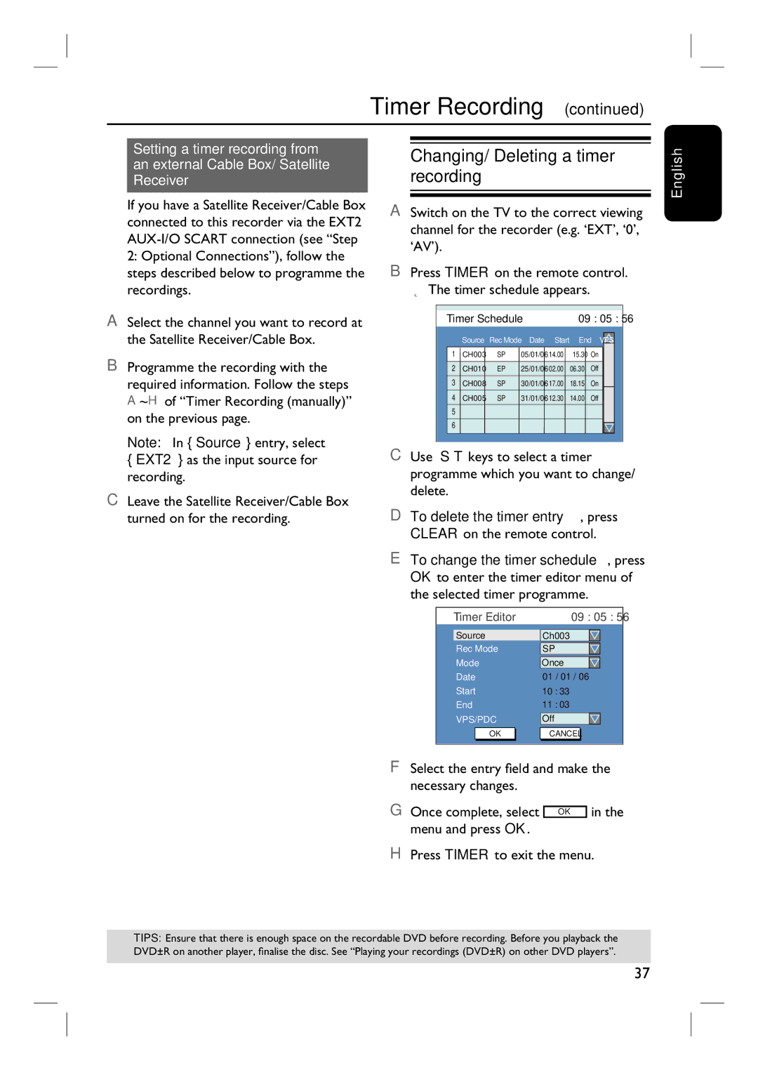 Philips 3400 Changing/ Deleting a timer recording, To delete the timer entry, press, Clear on the remote control 