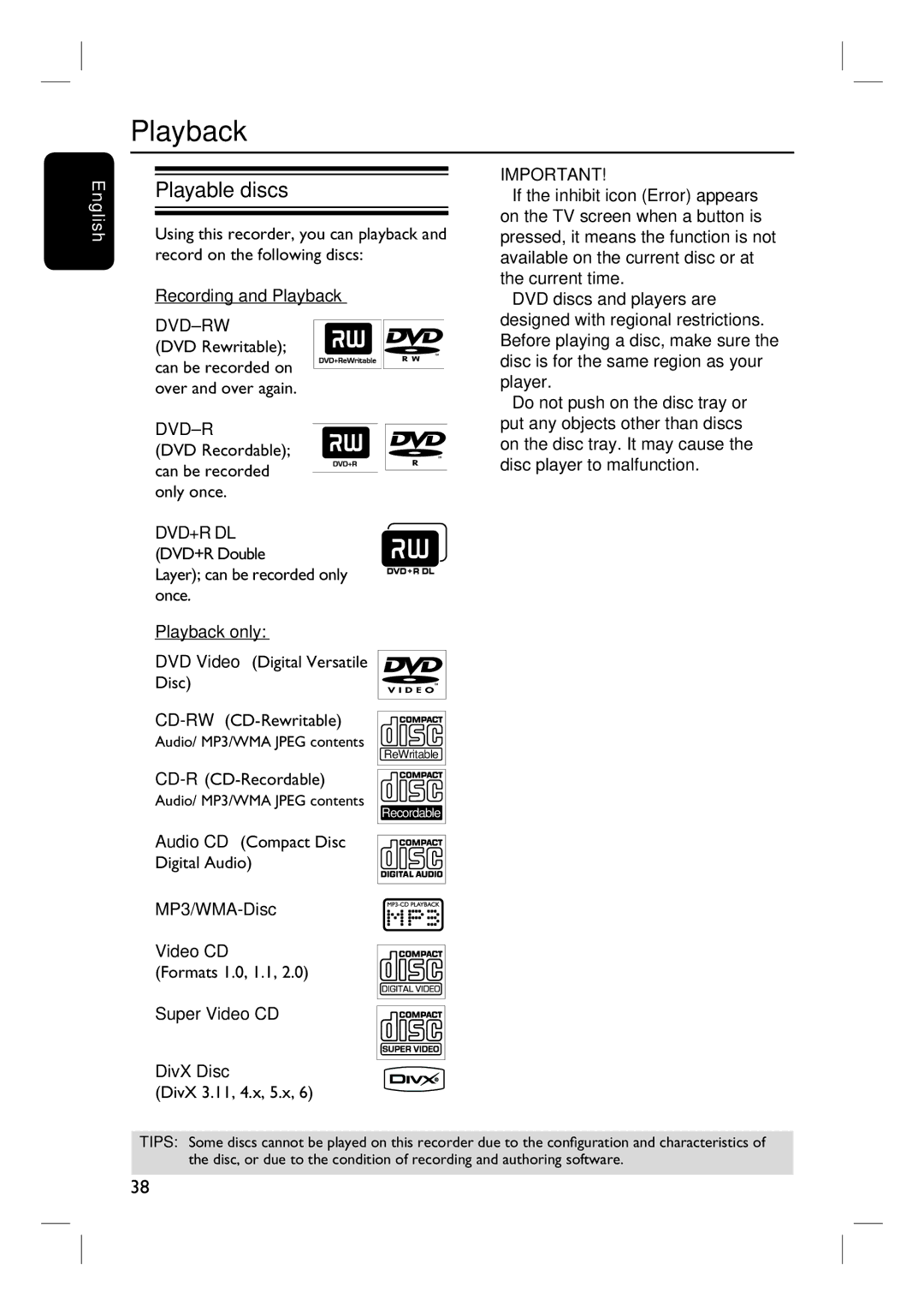 Philips 3400 user manual Playback, Playable discs 