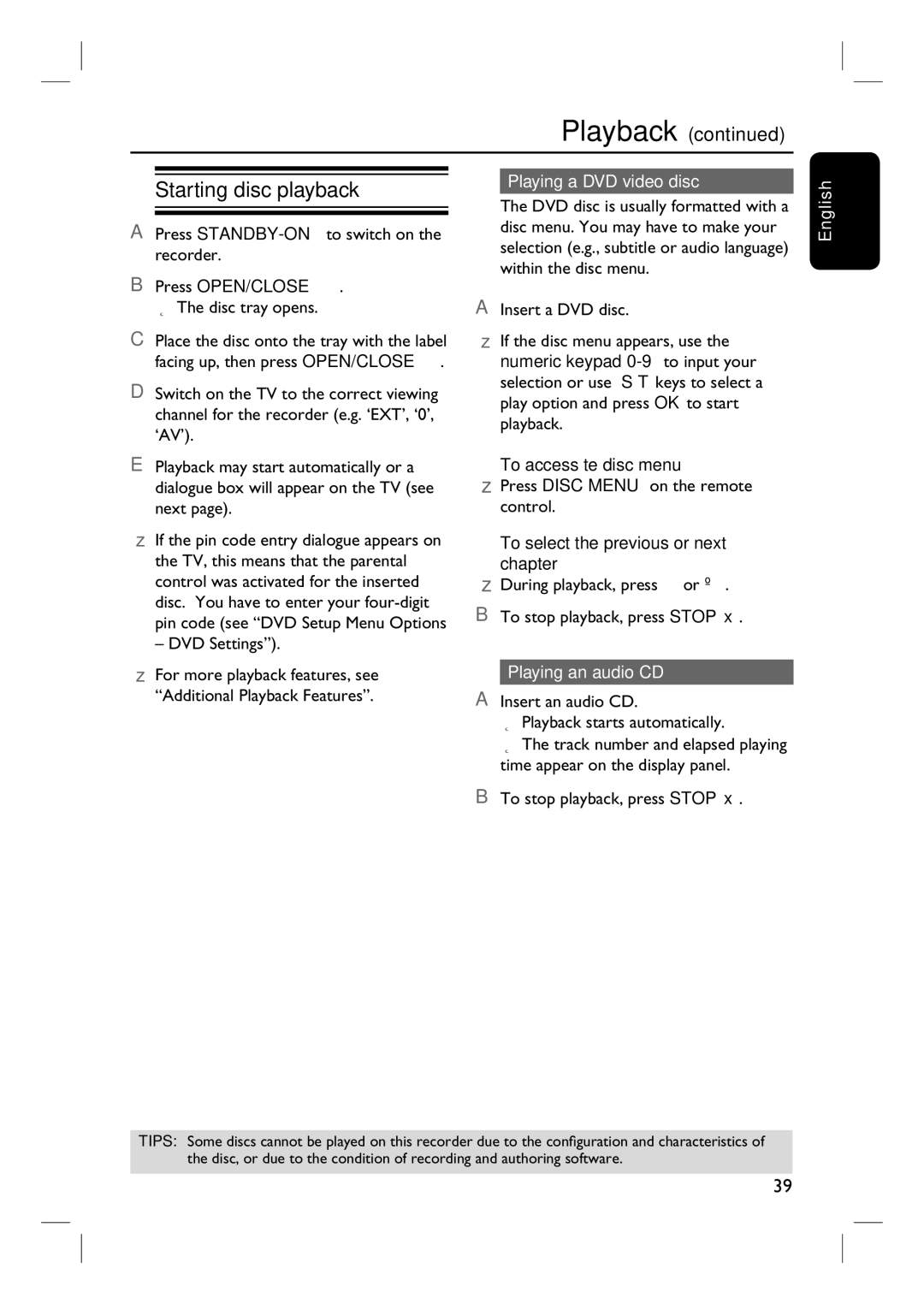 Philips 3400 user manual Starting disc playback, Playing a DVD video disc, Playing an audio CD 