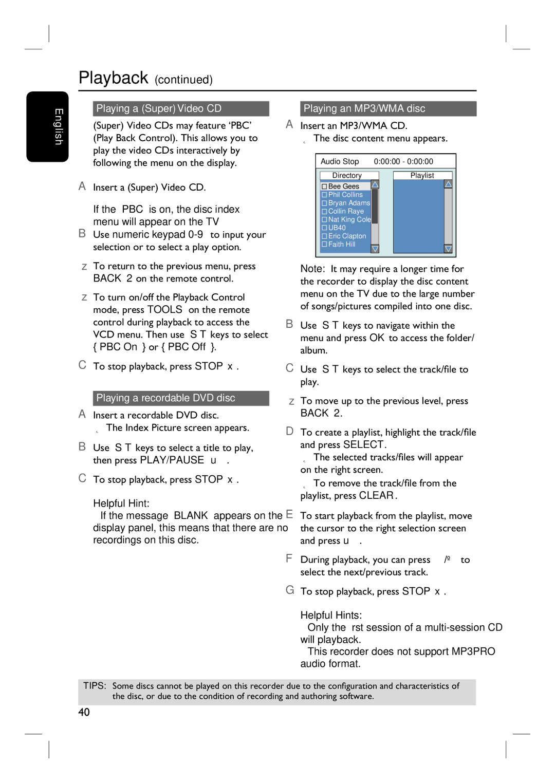 Philips 3400 user manual Playing a Super Video CD Playing an MP3/WMA disc, Playing a recordable DVD disc 