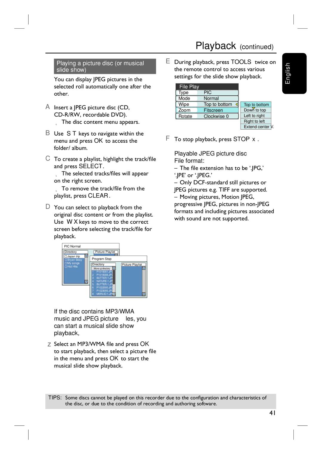 Philips 3400 user manual Playing a picture disc or musical slide show, Playable Jpeg picture disc File format 