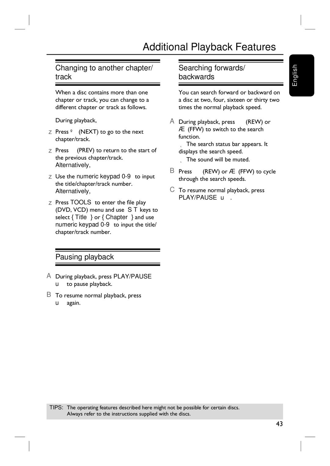 Philips 3400 Additional Playback Features, Changing to another chapter/ track, Pausing playback, Chapter/track number 