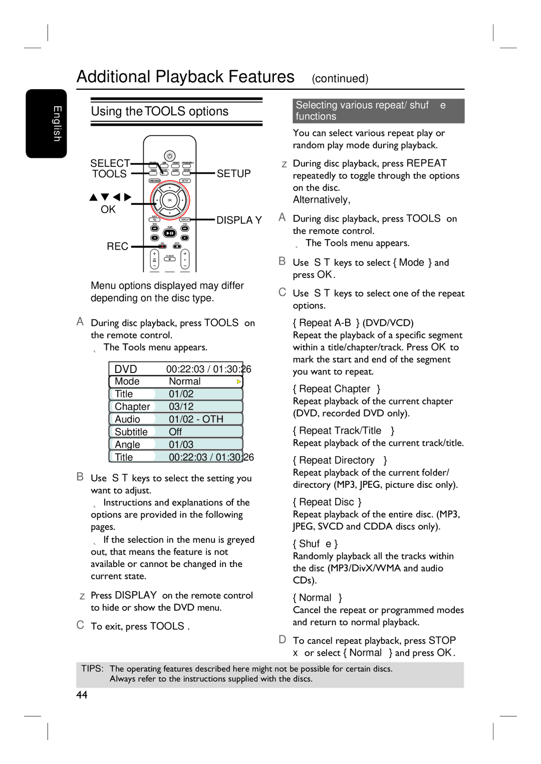 Philips 3400 user manual Using the Tools options, Selecting various repeat/ shuffle functions 